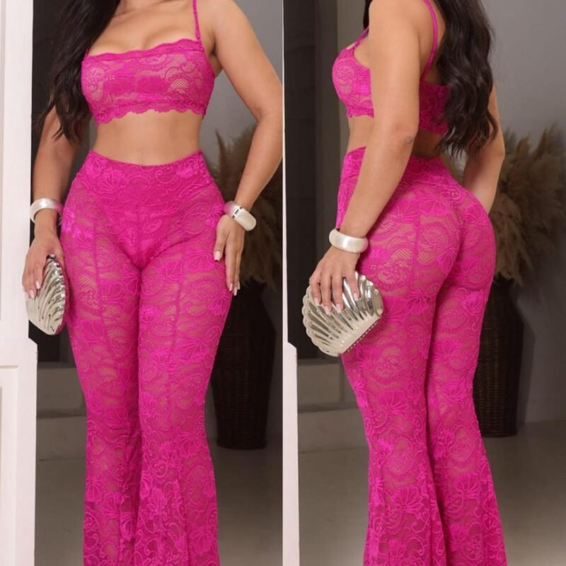 Conjunto top com forro bege e calça flare - pink.