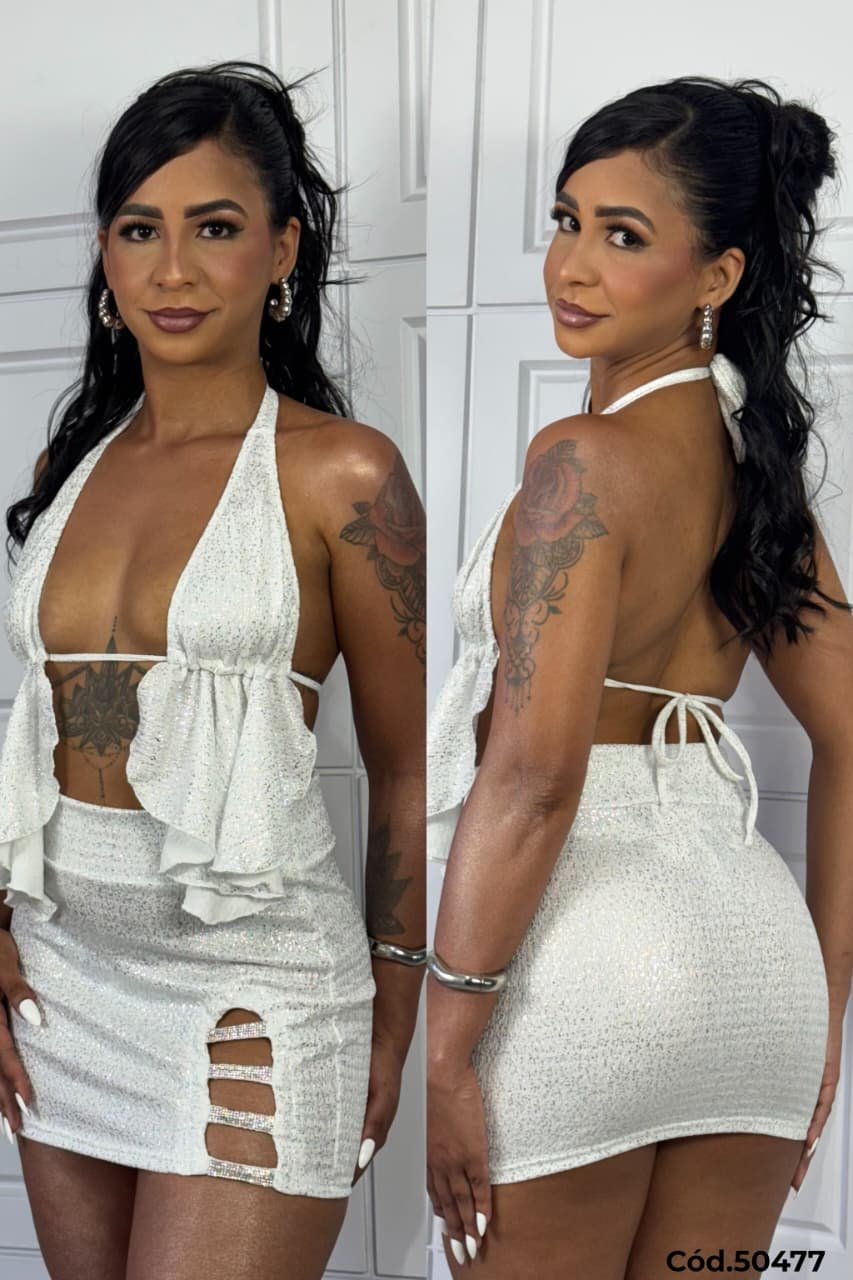 Conjunto top e saia brilhoso. - Imagem 2